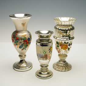 3pc Mercury Glass Floral Motif Vases