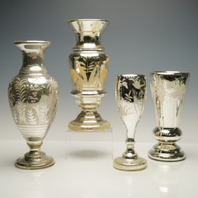 4pc Mercury Glass Grape and Floral Motif Vases