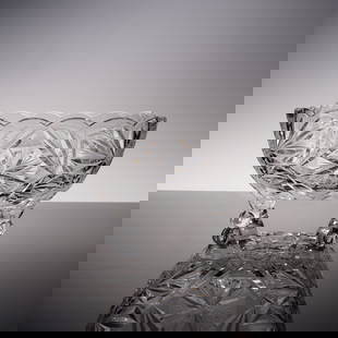 American Brilliant Cut Crystal Glass Footed Centerpiece Bowl: Exquisite American Brilliant Period cut crystal glass centerpiece bowl, featuring intricate hobstar and fan patterns with deep, precise cuts that reflect light with brilliance. The bowl is raised on f