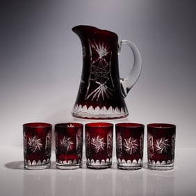 6pc Bohemian Ruby Cut-to-Clear Crystal Pitcher and Tumblers