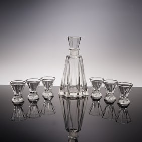 8pc Art Deco Style Faceted Brandy Decanter with Stopper & 6 Shot Glasses