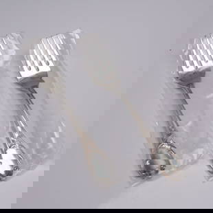 2pc Buccellati Sterling Silver Fish/Salad Forks, Monte Mario Pattern: Pair of finely crafted fish or salad forks in the ornate Monte Mario pattern by Buccellati, first released in 1996. Made of sterling silver, each fork features an intricate floral and scroll design wi