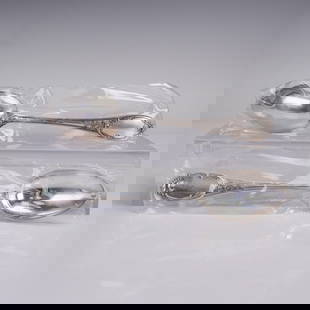 2pc Buccellati Sterling Silver Place Spoons, Monte Mario Pattern: Pair of finely crafted sterling silver place spoons in the ornate Monte Mario pattern by Buccellati, introduced in 1996. Each spoon features raised floral scrollwork along the handle with a smooth, co