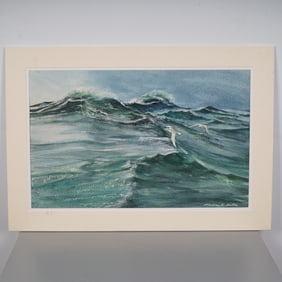 Florian K. Lawton Original Watercolor Painting, Seascape with Gulls, Signed