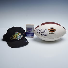3pc Sports Memorabilia Lot With Cap, Ball & Card Set