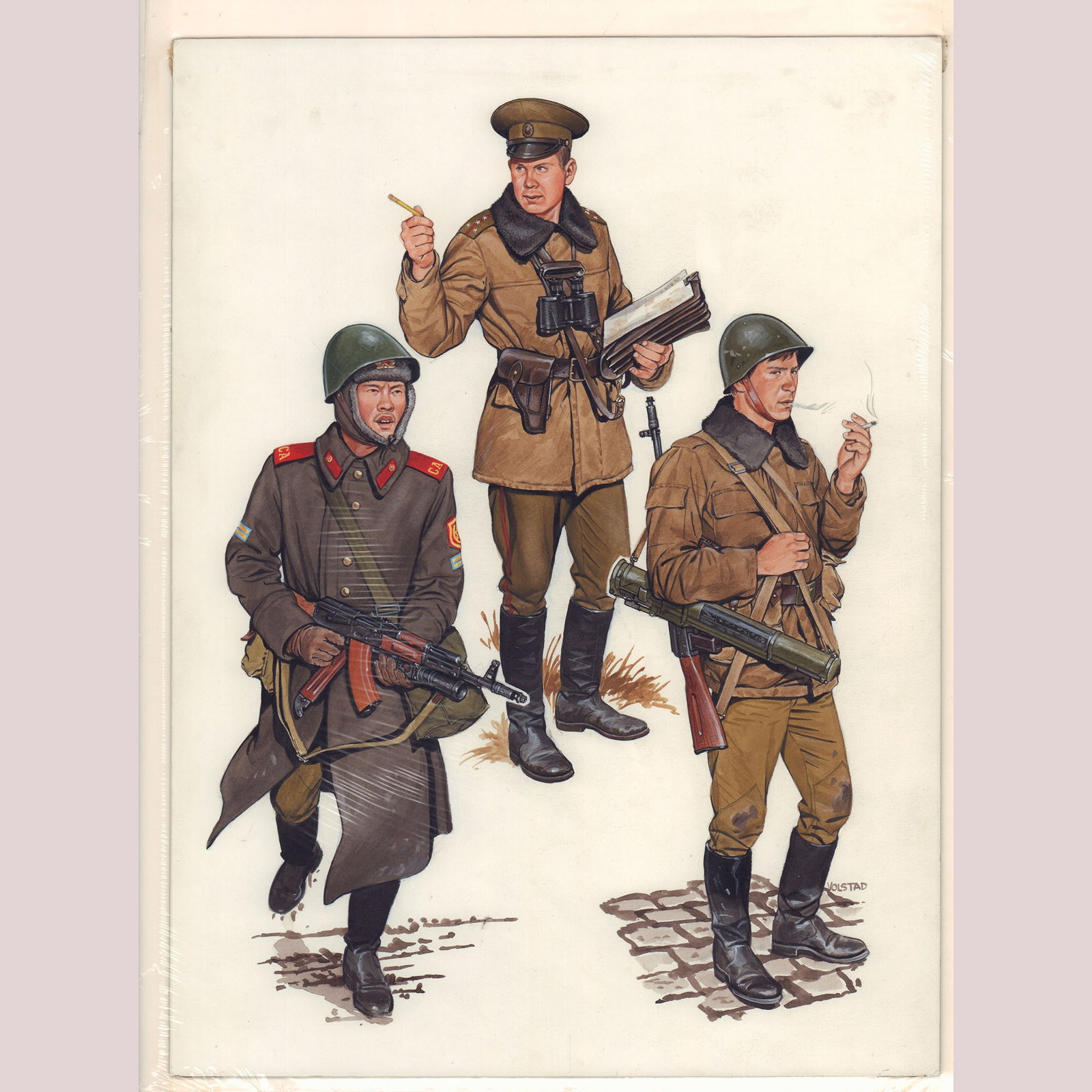 Ron Volstad Original Gouache on Board, Soviet and Warsaw Pact Soldiers, Sig: Original gouache on board by Ron Volstad, signed at lower right. This Cold War-era illustration features three Warsaw Pact soldiers: a Soviet officer in sheepskin-lined coat holding binoculars and doc