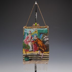 Vintage Beaded Purse With Courting Scene and Jeweled Frame