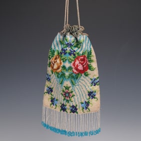 Vintage Floral Beaded Reticule Purse With Drawstring Closure