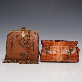 2pc Vintage Leather and Embossed Skin Purses