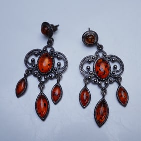 Vintage Sterling Silver and Amber Drop Earrings
