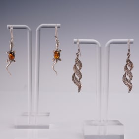 2pr Sterling Silver Dangle Earrings One with Amber