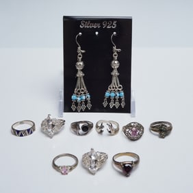 10pc Sterling Silver Rings and Hook Earrings