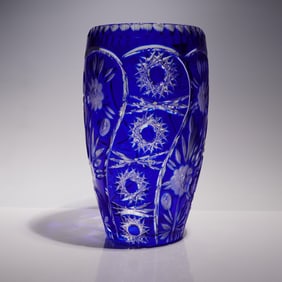 Vintage Cobalt Blue Cut to Clear Flower Vase