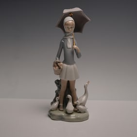 Lladro Porcelain Figurine, Girl with Umbrella & Geese 1004510