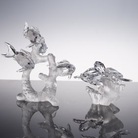 2pc Swarovski Crystal Figurines, Sea Turtles Baby & School of Fish