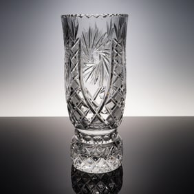 Bohemian Cut Crystal Vase with Arched Diamond Panels and Starburst Base