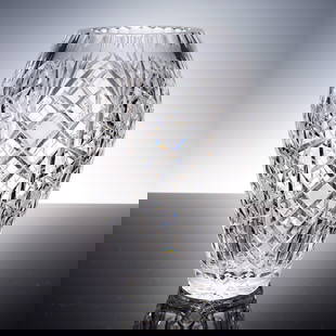 Brilliant Cut Crystal Vase, Crosshatched and Fan Motif: Brilliant cut crystal vase featuring an intricate crosshatched lattice design with finely stippled diamonds, framed by deeply cut fans and starburst panels. The surface catches and reflects light with