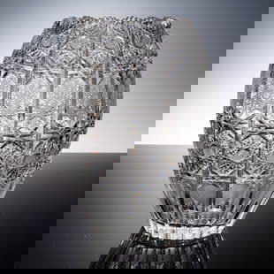 Cut Crystal Vase with Starburst and Fan Motif: Exquisite cut crystal vase showcasing a brilliant pattern of intersecting starbursts, crosshatched medallions, and fluted fans. The deep, precise cuts create a dazzling play of light across the full-b