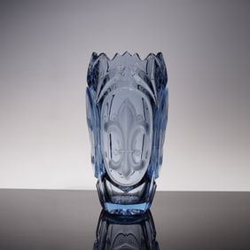Czech Blue Cut-to-Clear Crystal Vase with Fleur-de-Lis Motif