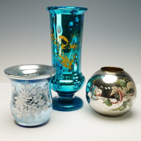 3pc Mercury Glass Floral Motif Vases