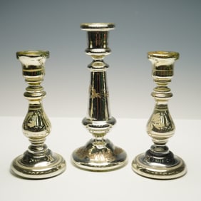 3pc Mercury Glass Floral Motif Candlestick Holders