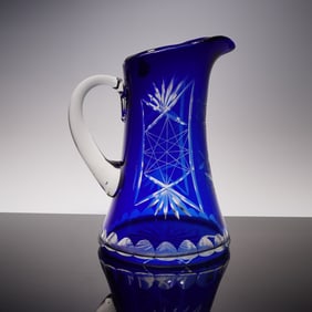German Cobalt Cut to Clear Crystal Pitcher