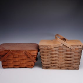 Pair of Vintage Woven Picnic Baskets, One with Plastic Serviceware