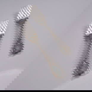 2pc Buccellati Sterling Silver Fish/Salad Forks, Monte Mario Pattern: Pair of distinguished sterling silver fish or salad forks in the Monte Mario pattern by Buccellati, dating to 1996. Each fork displays intricate floral and scroll decoration with a graceful blank cart
