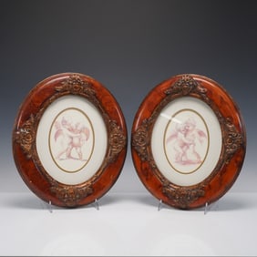 2pc Framed Cherub Prints in Baroque Style Oval Frames