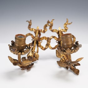 Pair of Gilt Metal Wall Sconces with Ribbon and Leaf Decoration, Electrifie