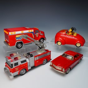 4pc Vintage Toy Vehicles Including Bee Movie Convertible and Fire Trucks