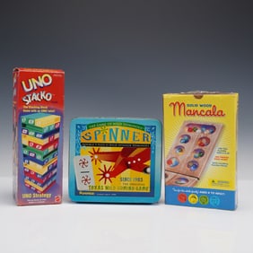 3pc Assorted Tabletop Games, Uno Stacko, Spinner, Mancala