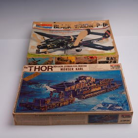 2pc WWII Model Kits, Black Widow P-61 and Thor German Rail Mortar