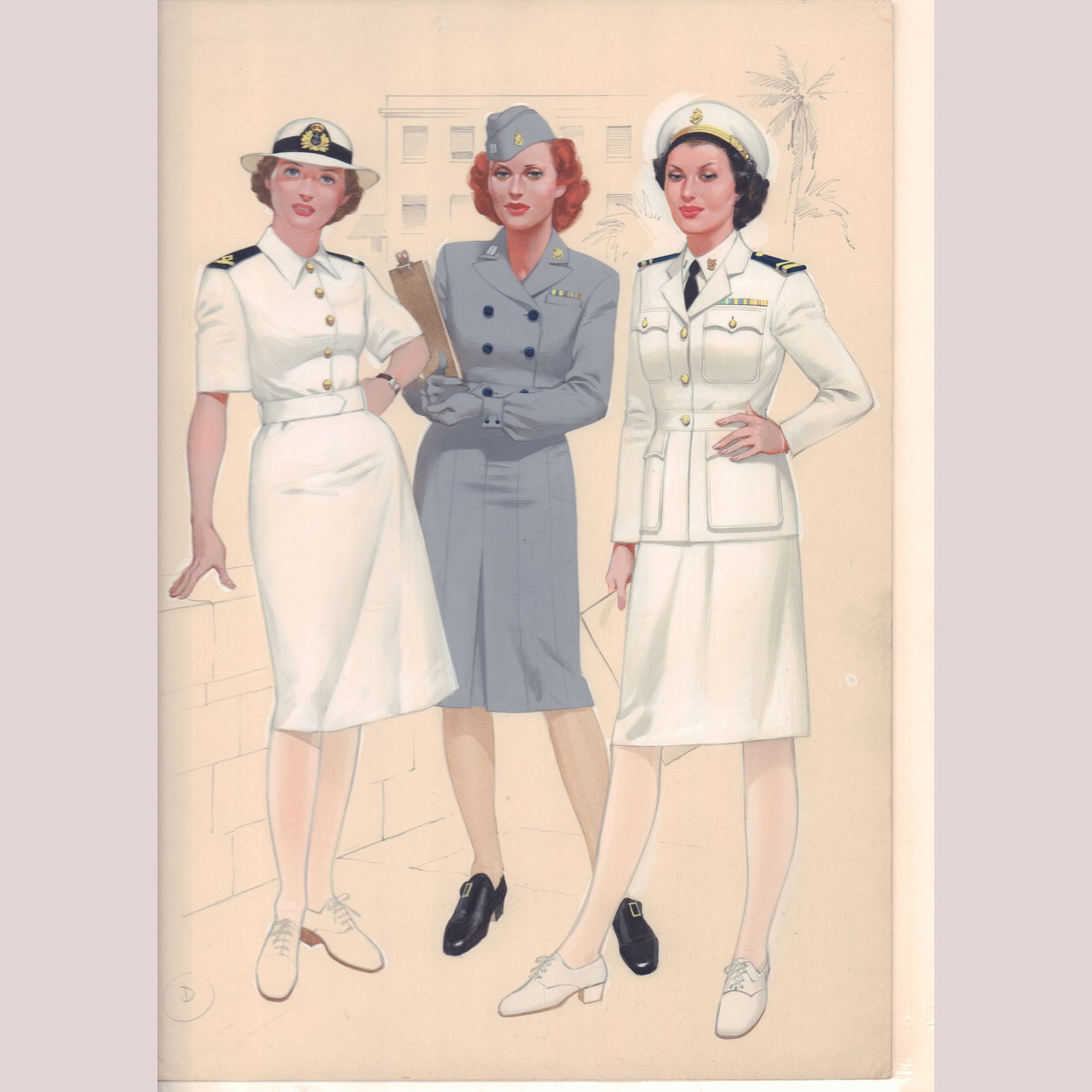 Angus McBride Original Gouache on Board, Women at War: A striking original gouache painting by the legendary Angus McBride, this work portrays three servicewomen in meticulously rendered World War II uniforms, standing with poise and quiet authority. With