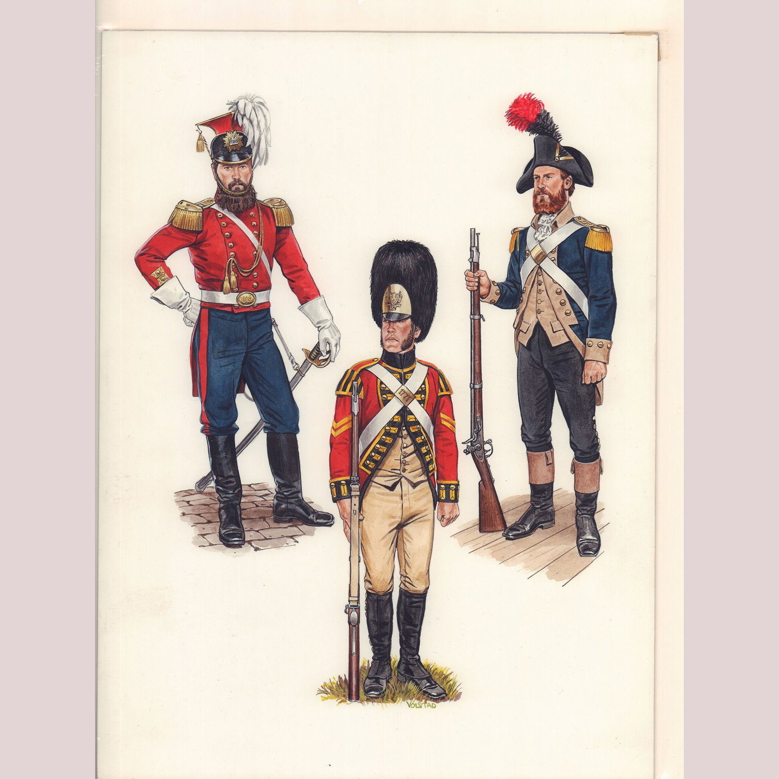 Ron Volstad Original Gouache on Board, British & American Infantry, Signed: An original gouache on board military illustration by Ron Volstad, signed in green beneath the central figure. The composition presents three infantry soldiers from different regiments and time period