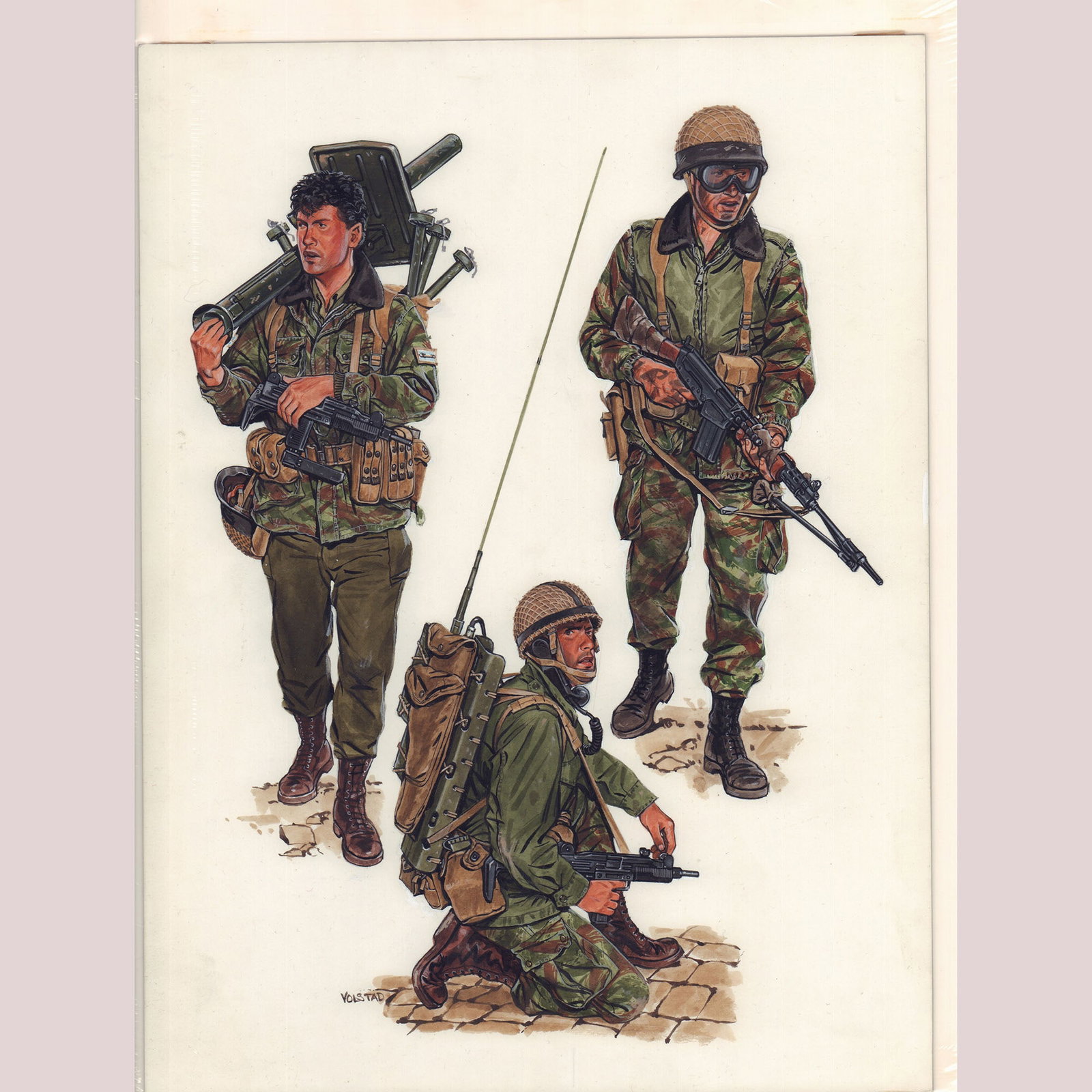 Ron Volstad Original Gouache on Board, Modern Soldiers, Signed: A striking original gouache painting by the renowned Canadian illustrator Ron Volstad (b. 1949), this work captures three modern soldiers in meticulously rendered combat attire and gear. With his hall