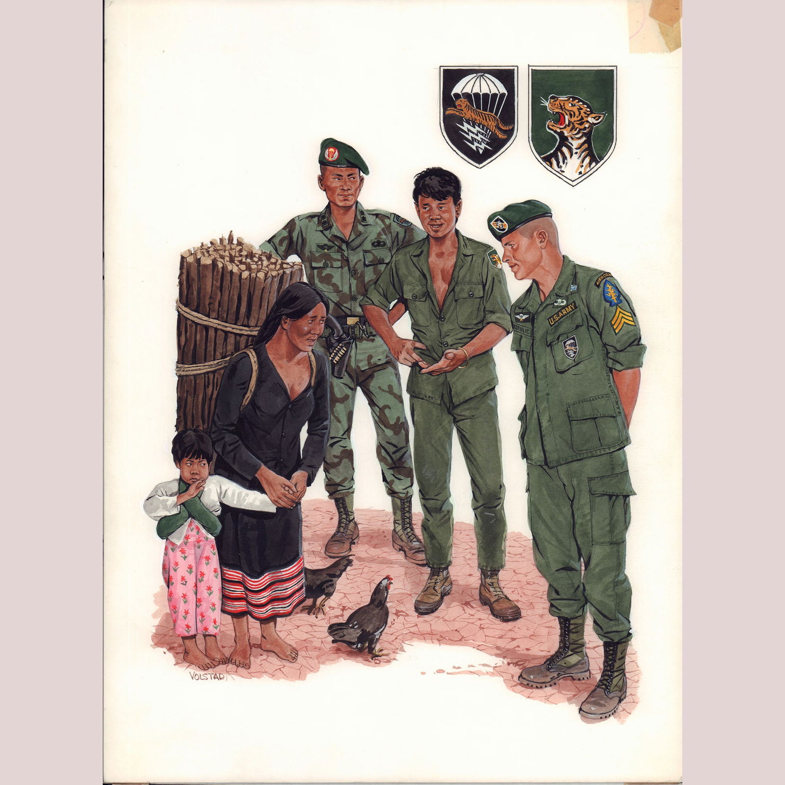 Ron Volstad Original Gouache on Board, US and ARVN Troops, Signed (1 of 2)