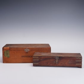 Pair of Wooden Boxes Including Cigar Box and Brass-Inlaid Writing Box