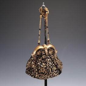 Vintage Black Satin Purse With Gold Embroidery and Jeweled Frame