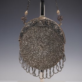 Victorian Style Silver Toned Beaded Handbag
