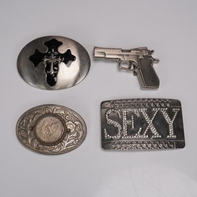 Four Metal Belt Buckles with Cross Coin Gun and Text