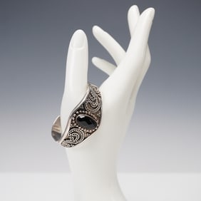 Sterling Silver Cuff Bracelet, Black Faceted Stone