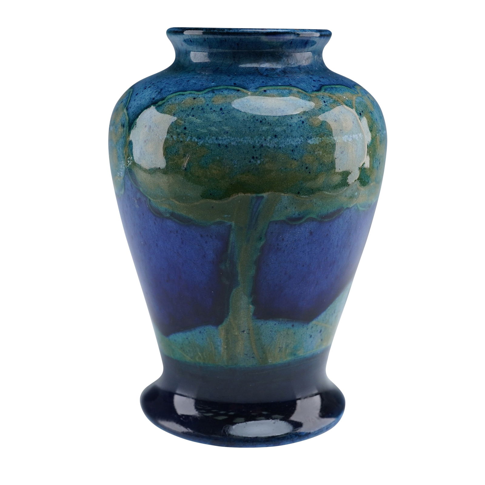 Moorcroft Moonlit Blue Vase, c.1925: A superbly decorated Moonlit blue vase dating to around 1922. Fabulous colors and perfectly fired showing 5 sets of trees in a rolling landscape. Stamped "MOORCROFT" to underside. Artist: William Moor