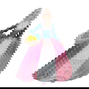 Royal Doulton Figurine, Janet HN1916: Charming hand-painted porcelain figurine depicting a young woman named Janet in 18th-century attire. She is shown in a vivid cobalt blue bodice with a flowing, pleated raspberry-pink skirt and layered