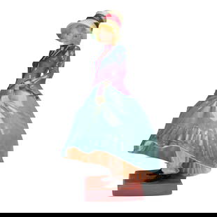 Royal Doulton Figurine, Pantalettes HN1362: Charming hand-painted bone china figurine titled Pantalettes, HN1362, designed by Leslie Harradine and issued by Royal Doulton between 1930 and 1949. This elegant figure depicts a young woman glancing