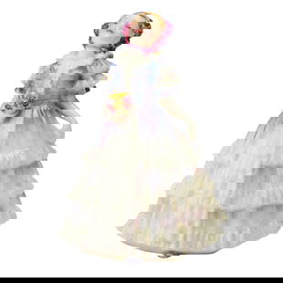 Royal Doulton Figurine, Ruby HN1725, Rare Version: Child classics series. Modeled as a young child holding a bouquet of flowers; glazed finish. Handwritten title and HN number. Royal Doulton backstamp. Artist: Leslie Harradine Issued: 1935 - 1949 Dime