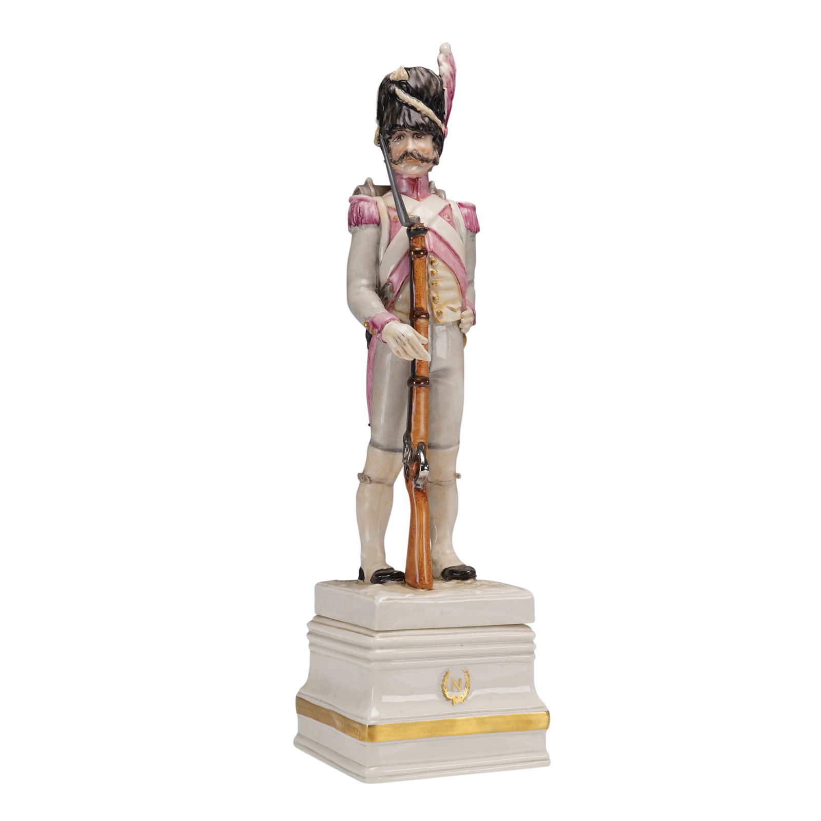 Guido Cacciapuoti (Italian, 1892-1953) Figurine, Grenadiers Hollandais: Porcelain figurine depicting a Napoleonic-era Netherlands Grenadier, crafted by Italian artist Guido Cacciapuoti (1892-1953). The standing figure is presented in full military uniform with pink epaule