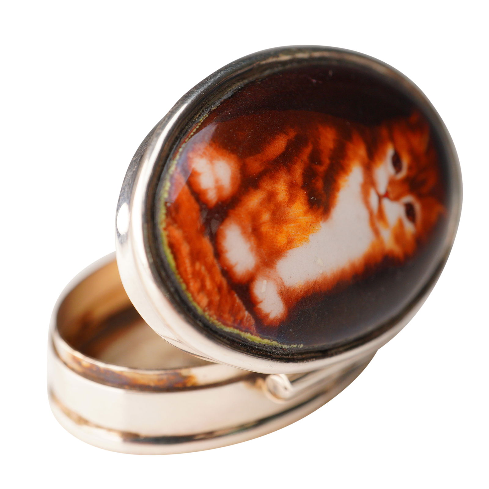 Sterling Silver Oval Pill Box with Cat Portrait and Box: Charming sterling silver pill box featuring an oval lid inset with a portrait of a kitten on a black background. 925 sterling silver marked on both the interior and underside. The piece also bears hal