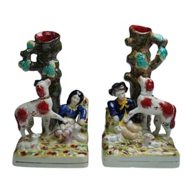 Staffordshire-Style Pair of Boy & Dog and Lady & Dog Spill Vases