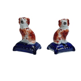 Pair of Staffordshire Red & White Spaniel Inkwells on Cobalt Pillow Bases